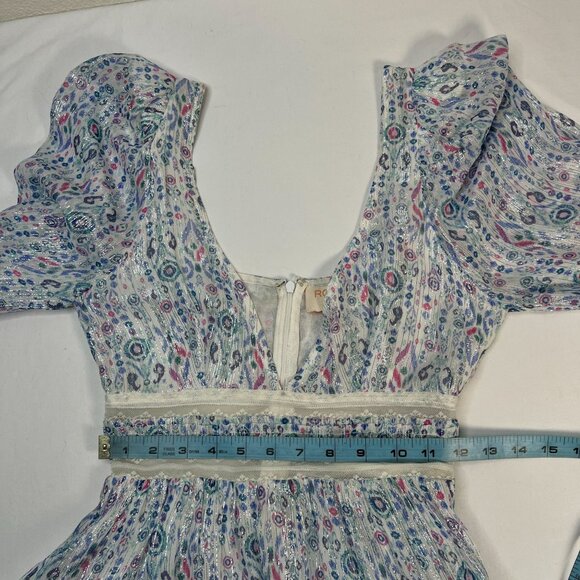 Rococo Sand Floral Lurex Chiffon Mini Dress Blue Multicolor Romantic Petite PP - Picture 9 of 14